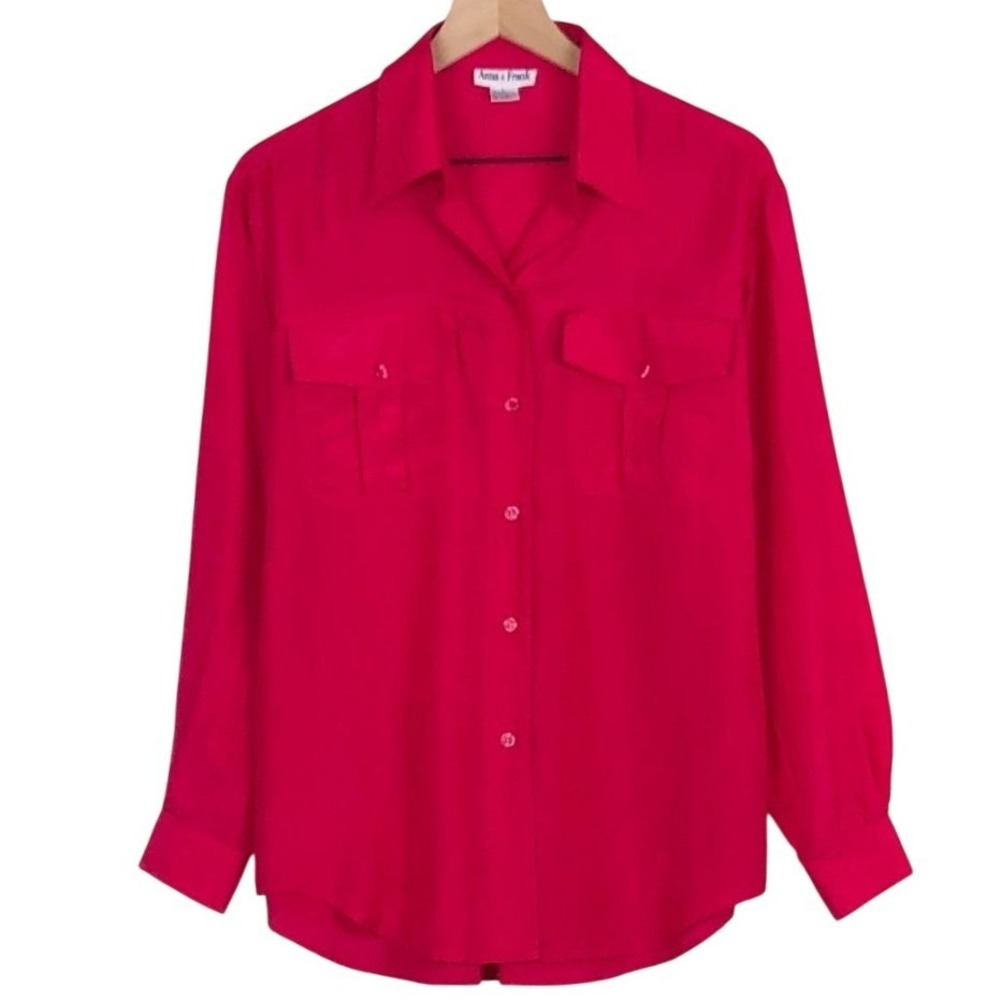 ANNA & FRANK 100% Silk Button Up Shirt Women's Sz L Fuchsia Pink Long Sleeve